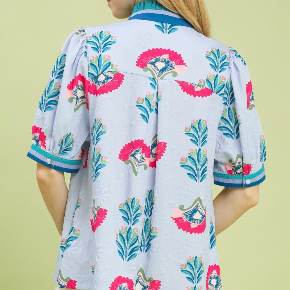 NWT Umgee Print Puff Sleeve Blouse with Contrast Trim - Picture 3 of 3